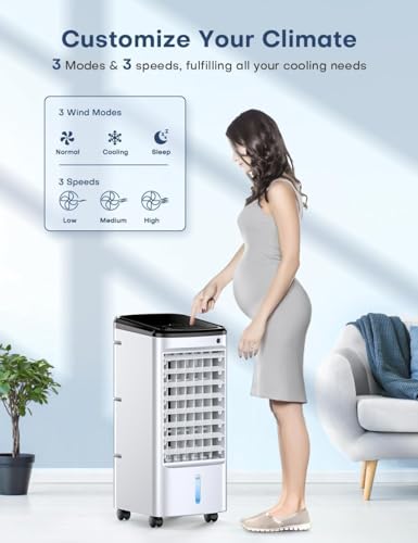 TEMEIKE Evaporative Air Cooler, Swamp Cooler Air Conditioner w/ 12H Timer for Auto-off, 6 Upgraded Ice Packs, 3-Speed Windowless Air Conditioner, Smart Remote, Dual Tank Portable Air Cooler for Room