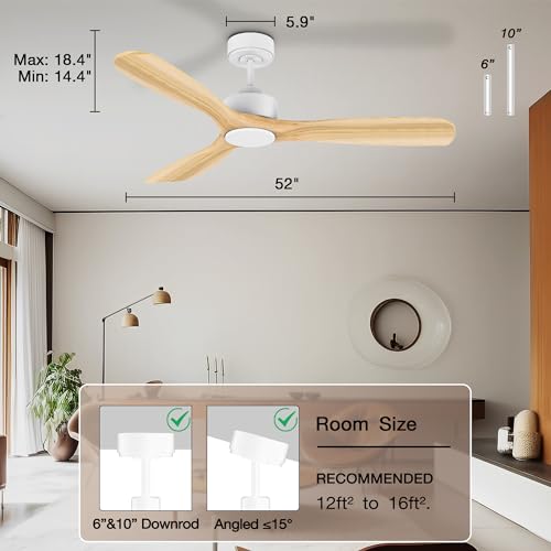 Hoenofly 52” Wood Smart Ceiling Fans with Lights Remote,Quiet DC Motor,Outdoor Indoor Ceiling Fan,Voice Control via WIFI Alexa App,Dimmable,Modern Light Wood Ceiling Fan for Bedroom Patio Porch