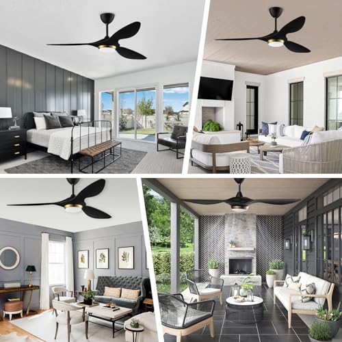 reiga 52 Inch Black Modern Ceiling Fans with Lights and Remote Control, Smart Wifi 3 Blades Quiet DC Motor Ceiling fan for Living Room Bedroom Patio, ETL Listed