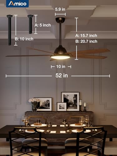 Amico Ceiling Fans with Lights, 52 inch Smart Ceiling Fan with Remote/APP/Alexa Control, Reversible DC Motor, 5 Blades, 6 Speeds, 3CCT, Dimmable, Noiseless, Wifi Ceiling Fan for Bedroom, Farmhouse