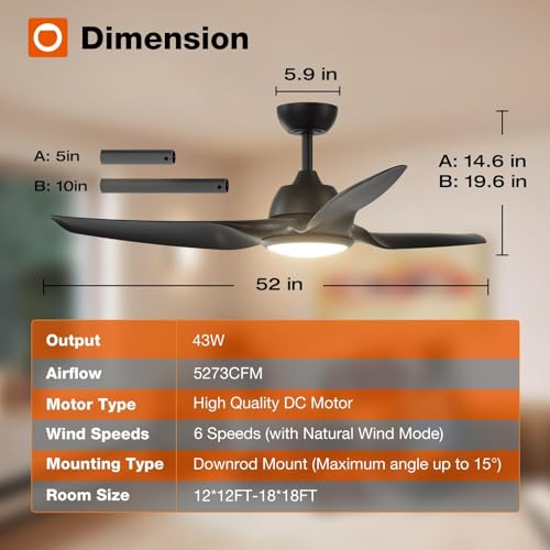 addlon Ceiling Fans with Lights, 52 Inch Smart Ceiling Fan with Remote/APP/Alexa Control, Reversible DC Motor, 6 Speeds, 3CCT Dimmable, Noiseless, Black Ceiling Fan for Bedroom, Farmhouse