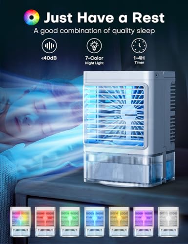 COOLECH Personal Air Conditioner w/Remote & LED Screen, 90° Oscillation, 4H Timer, 7 LED Night Light, 2 Cool Mist, 3 Speeds Evaporative Air Cooler, Portable Air Conditioners for Bedroom Desk Camping