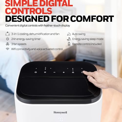 Honeywell 14,000 BTU Smart Portable Air Conditioner, Fan and Dehumidifier, Cools Rooms Up to 625 Square Feet, with Full Window Installation kit and foam insulation tape, HT4CESVWK0