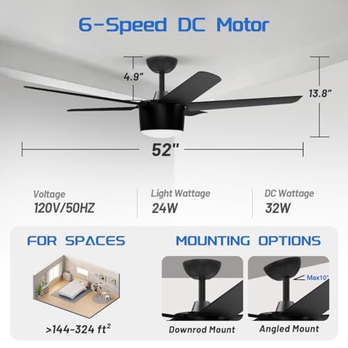 wurzee 52 Inch Smart Ceiling Fan, DC Reversible Motor Noiseless Timing 3CCT Dimmable, Black Ceiling Fan Compatible with Alexa Tuya App for Living Room Indoor & Outdoor ETL