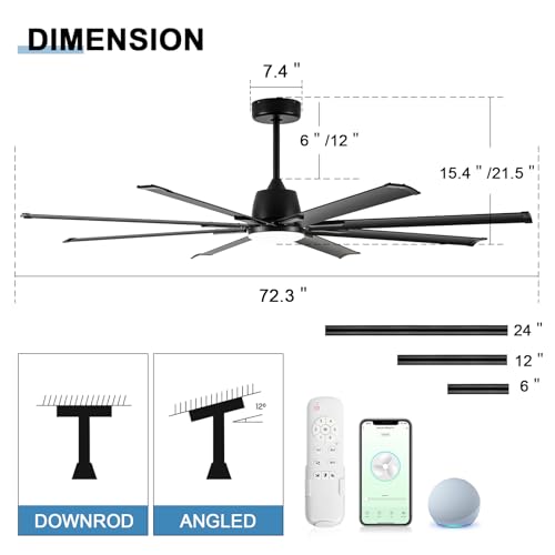 Maxslak 72 Inch Ceiling Fan with Light,Industrial Ceiling Fan with Remote Control,8 Black Aluminium Blades,6 Speed Noiseless DC Motor,Outdoor Ceiling Fan for Garage,Patio and Living Room