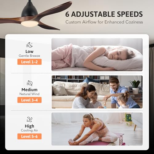 VONLUCE Ceiling Fans with Lights, 52 inch Smart Ceiling Fan with Remote/APP/Alexa Control, 3 Blades, 6 Speeds, Reversible DC Motor, Noiseless, Wood Ceiling Fan for Bedroom, Farmhouse, Black