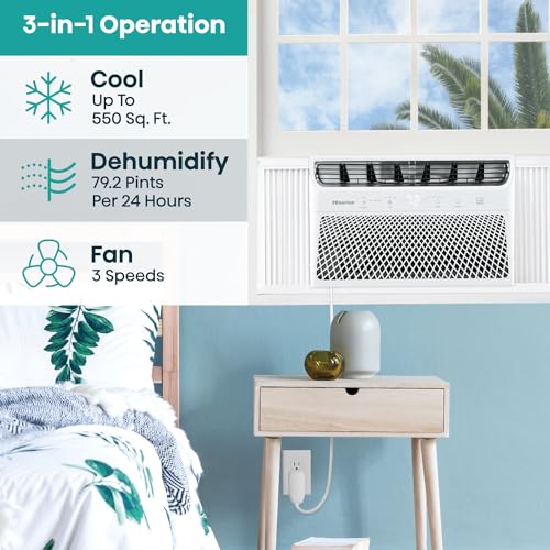 Hisense AHW1022CW1W 10,000 Smart Air Conditioner with Wi-fi Control, Dehumidifier, and Remote, 115V, Window AC Unit for Apartment, Bedroom, Medium Rooms up to 450 Square Feet in White, 10000 BTU