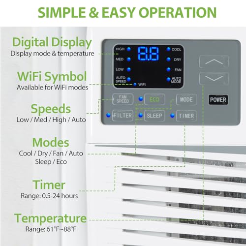 ACHAZEL 8000 BTU Window Air Conditioner with WiFi, Smart Window AC Unit with Remote, Energy Saving, Easy Install Kit, Cools up to 250 Square Feet