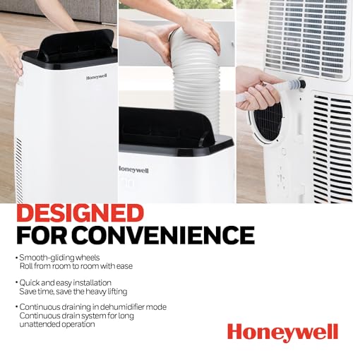 Honeywell 14,000 BTU Smart Portable Air Conditioner, Fan and Dehumidifier, Cools Rooms Up to 625 Square Feet, with Full Window Installation kit and foam insulation tape, HT4CESVWK0
