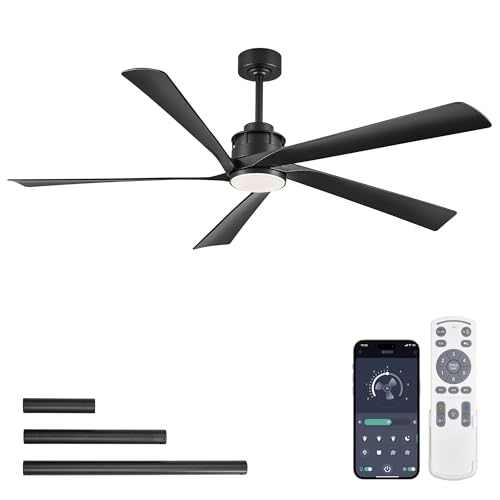 Fanbulous 64 Inch Ceiling Fans with Lights and Remote,Smart Ceiling Fan with APP Control,Reversible DC Motor,Dimmable,5 ABS Blades,Black Indoor/Outdoor Modern Low Profile Ceiling Fan with Light