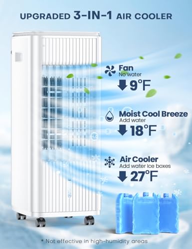 BALKO 25-INCH Evaporative Air Cooler, Swamp Cooler Air Conditioner w/Double Tanks, Smart Timer, 3 Ice Packs, 60W Windowless Air Conditioner, 70° Oscillation,3-Speed Portable Air Conditioners for Room