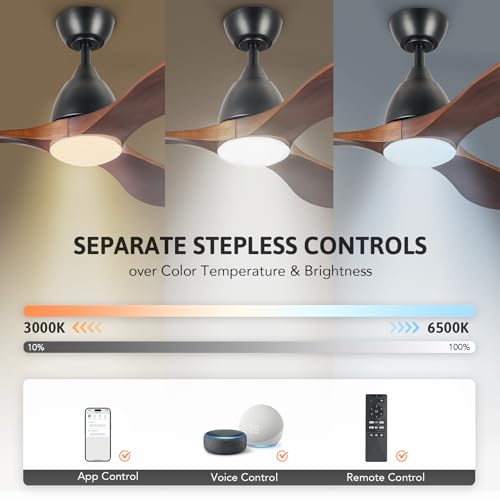 VONLUCE Ceiling Fans with Lights, 52 inch Smart Ceiling Fan with Remote/APP/Alexa Control, 3 Blades, 6 Speeds, Reversible DC Motor, Noiseless, Wood Ceiling Fan for Bedroom, Farmhouse, Black