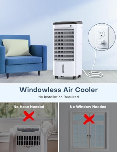 TEMEIKE Evaporative Air Cooler, Swamp Cooler Air Conditioner w/ 12H Timer for Auto-off, 6 Upgraded Ice Packs, 3-Speed Windowless Air Conditioner, Smart Remote, Dual Tank Portable Air Cooler for Room