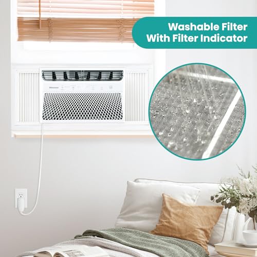 Hisense AHW1022CW1W 10,000 Smart Air Conditioner with Wi-fi Control, Dehumidifier, and Remote, 115V, Window AC Unit for Apartment, Bedroom, Medium Rooms up to 450 Square Feet in White, 10000 BTU