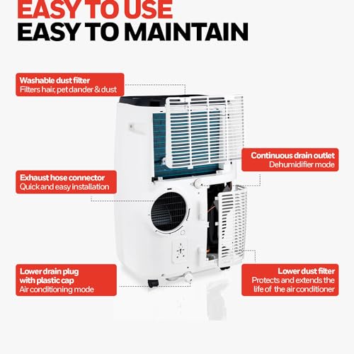 Honeywell 14,000 BTU Smart Portable Air Conditioner, Fan and Dehumidifier, Cools Rooms Up to 625 Square Feet, with Full Window Installation kit and foam insulation tape, HT4CESVWK0