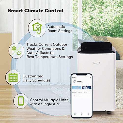 Honeywell 10,000 BTU Smart Portable Air Conditioner and Dehumidifier, Cools Rooms Up to 450 Sq. Ft., Portable AC with WiFi, Alexa Voice Control, Included Drain Pan, White