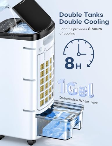 TEMEIKE Evaporative Air Cooler, Swamp Cooler Air Conditioner w/ 12H Timer for Auto-off, 6 Upgraded Ice Packs, 3-Speed Windowless Air Conditioner, Smart Remote, Dual Tank Portable Air Cooler for Room
