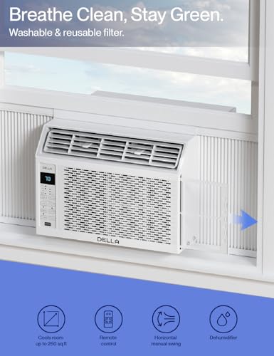 DELLA 6000 BTU Energy Saving Window Air Conditioner, Work with Alexa, Cools Up to 250 Sq. Ft, GEO Location, AC Unit with WIFI Smart Controls, Remote, Dehumidifier, Fan, Reusable Filter, Easy Install