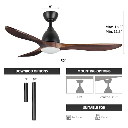 VONLUCE Ceiling Fans with Lights, 52 inch Smart Ceiling Fan with Remote/APP/Alexa Control, 3 Blades, 6 Speeds, Reversible DC Motor, Noiseless, Wood Ceiling Fan for Bedroom, Farmhouse, Black