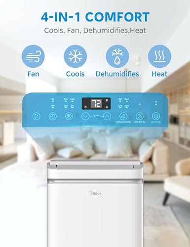 Midea 14,000 BTU ASHRAE (10,000 BTU SACC) Portable Air Conditioner, Cools up to 375 Sq. Ft., with Dehumidifier & Fan mode & Heat, Smart & Remote Control with Remote, Easy-to-use and Install