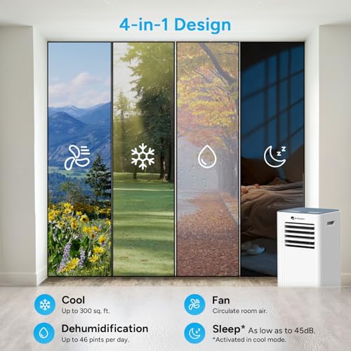 DR.PREPARE 8,000 BTU Portable Air Conditioner with WiFi Enabled, Cooling, Dehumidifier, Fan & Sleep Modes 4-in-1 Portable AC w/Remote Control & 67'' Window Kit, Cools Up To 300 sq. ft, 1-24H Timers