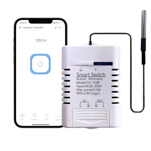 Mumubiz TH-16 Smart Wifi Temperature Switch 16A/3000W Thermostat with Temperature Sensor RF433 remote Control Compatible with Alexa