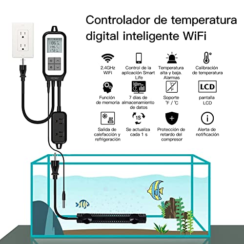Smart WiFi Digital Temperature Controller Thermostat Outlet Heating and Cooling Mode,Reptile Thermostat for Greenhouse Brewing Breeding,Smart Life Remote Control,-22- 221℉,10A 1250W ETL Listed