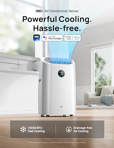 Dreo Portable Air Conditioners, 12,000 BTU AC Unit for Bedroom with Drainage-free Cooling, 46dB Quiet, APP/Voice/Remote, 24h Timer with Fan & Dehumidifier, Smart Air Conditioner for Room Indoors