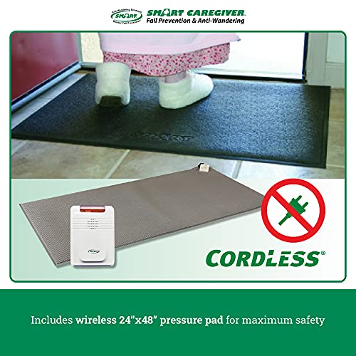 Smart Caregiver Cordless Floor Mat Pressure Pad with Economy Cordless Alarm (No Alarm in Patient's Room), Gray, 24” x 48”