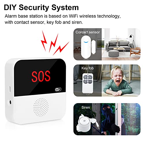 WiFi Door Alarm System, Wireless DIY Smart Home Security System, with Phone APP Alert, 8 Pieces-Kit (1 Alarm Base Station 5 Door Window Sensors 2 Key Fobs) for House, Apartment 2.4GHz Wi-Fi Only