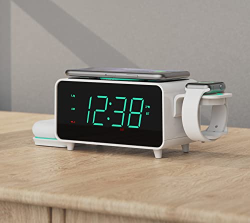Emerson Smartset Dual Alarm Clock FM Radio with Wireless Charging, Bluetooth Speaker, Ultra Fast Charging for Airpods/iPhone, Foldable Stand, USB Charger, Adjustable LED Glow, ER100501