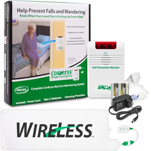 Smart Caregiver Wireless Bed Alarm System - Cordless Weight Sensing Bed Alarm Pad (10” x 30”) with Remote Alert Monitor, Free Individual Cleaning Wipes and Liberty 7 Day Pill Box