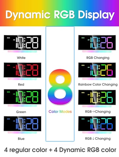 Extra Loud Alarm Clock for Heavy Sleepers Adults,Teens,Kids,Rainbow Clock for Bedrooms,Small Smart Bedside Digital Clock with Large Display,7 Color Night Light,12/24h(Black+Dynamic)
