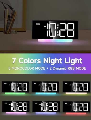 Extra Loud Alarm Clock for Heavy Sleepers Adults,Teens,Kids,Rainbow Clock for Bedrooms,Small Smart Bedside Digital Clock with Large Display,7 Color Night Light,12/24h(Black+Dynamic)