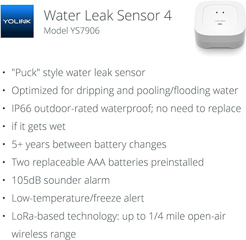 YoLink Smart Home Starter Kit: Hub & Water Leak Sensor 4 with 105dB Audio Alarm 4-Pack, SMS/Text, Email & Push Notifications, Freeze Warning, LoRa Up to 1/4 Mile Open-Air Range, w/Alexa, IFTTT