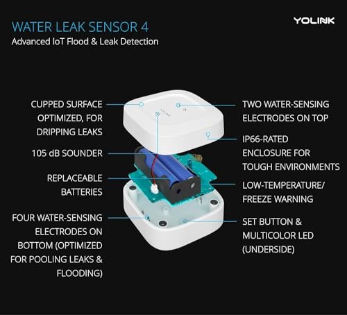 YoLink Smart Home Starter Kit: Hub & Water Leak Sensor 4 with 105dB Audio Alarm 4-Pack, SMS/Text, Email & Push Notifications, Freeze Warning, LoRa Up to 1/4 Mile Open-Air Range, w/Alexa, IFTTT