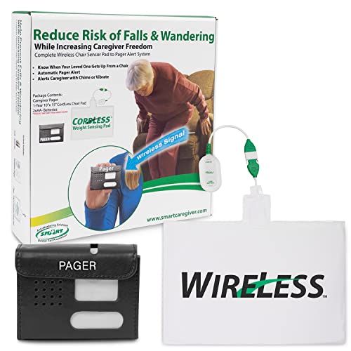 Smart Caregiver Wireless Chair Alarm System with Pager and Weight Sensor for Fall Prevention | 10" x 15" Pressure Sensor Alarm for Chair Alerts Caregiver | Cordless Chair Alarm with up to 300' Range