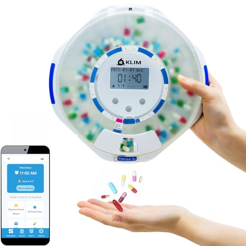 KLIM Smart Pill Dispenser Machine with Alarm + WiFi App Monitoring + 28 Day Medicine Dispenser + Automatic Pill Dispenser for Elderly with Alarm & Alzheimers Care + Lock Key + NEW 2024