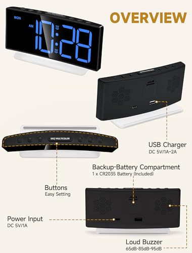 Extra Loud Alarm Clock for Heavy Sleepers Adults,Teens,Kids,Rainbow Clock for Bedrooms,Small Smart Bedside Digital Clock with Large Display,7 Color Night Light,12/24h(Black+Dynamic)