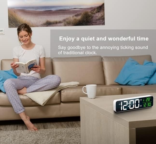 Digital Clock, Clock for Bedroom, Clocks for Living Room Decor, Desk Table Clock, Alarm Clock Large Display with Date Week Temperature, Automatic Brightness Dimmer, Smart Cool Modern (White green)