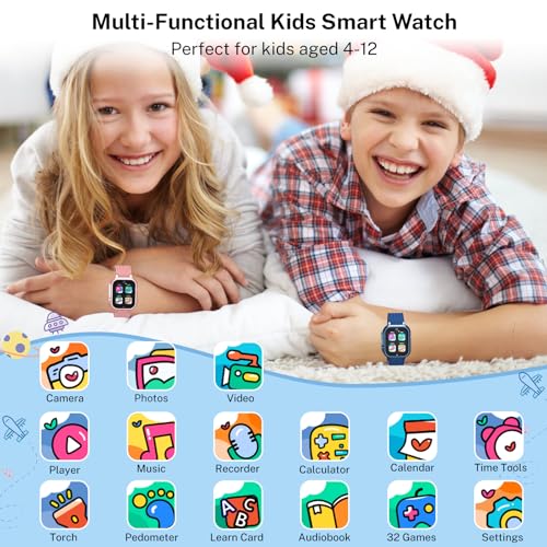Smart Watch for Kids, 4-12 Boys Girls Watch with Camera, 32 Games, Audiobook, Music, Pedometer, Alarm, School Mode, 7 Languages, Calculator, Perfect for Birthdays Travelling Festivals, Blue