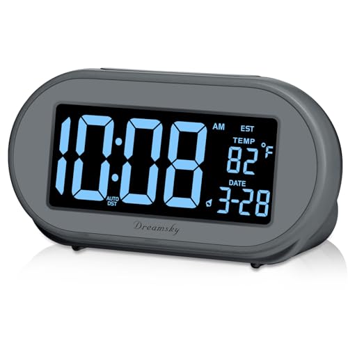 DreamSky Alarm Clocks for Bedrooms, Auto Set Digital Desk Clock for Bedside Nightstand, Electric Clock with Dimmable Brightness Dimmer, Auto DST, USB Port, Date, Temperature, Snooze