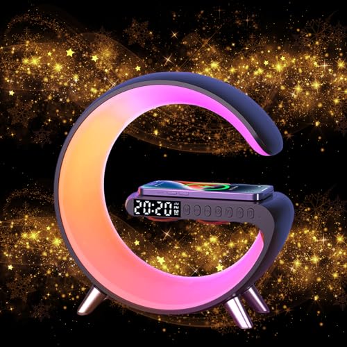 Smart Sound Machine Alarm Clocks with Atmosphere Lamp, Bluetooth Speakers Table Lamp with Wireless Charger Dimmable Night Light Alarm Clock with Music Sync and App Control, Decor Gift, Black