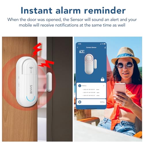 SanJie Smart WiFi Door Sensor Alarm for Kids Safety, Window Door Real-time Alarm , No Hub Required, Trigger Phone Notification,for Home Security Bussiness Burglar Alert with Alexa Google Assistant
