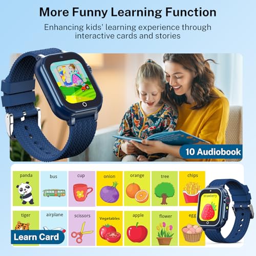 Smart Watch for Kids, 4-12 Boys Girls Watch with Camera, 32 Games, Audiobook, Music, Pedometer, Alarm, School Mode, 7 Languages, Calculator, Perfect for Birthdays Travelling Festivals, Blue