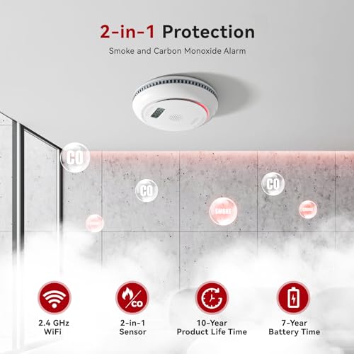 Siterlink 2.4G Smart Smoke and Carbon Monoxide Detector Combo with Digital Display, 2 in 1 WiFi Fire and CO Alarm Detector, Replaceable Battery, Real-Time Notification, UL217 UL2034, 1 Pack