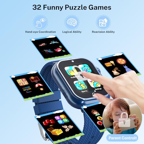 Smart Watch for Kids, 4-12 Boys Girls Watch with Camera, 32 Games, Audiobook, Music, Pedometer, Alarm, School Mode, 7 Languages, Calculator, Perfect for Birthdays Travelling Festivals, Blue