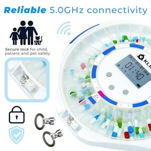KLIM Smart Pill Dispenser Machine with Alarm + WiFi App Monitoring + 28 Day Medicine Dispenser + Automatic Pill Dispenser for Elderly with Alarm & Alzheimers Care + Lock Key + NEW 2024