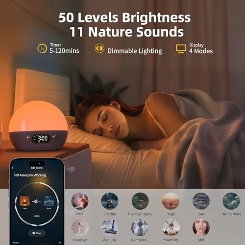 MOMILLA White Noise Sound Machine- Sunrise Alarm Clock with Bluetooth Speaker, Smart Alarm Clocks for Bedrooms, Alexa & APP Control, Sunset Night Light Wake up Light for Kids & Heavy Sleepers