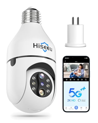 Hiseeu Light Bulb Security Camera Wireless WiFi 5G&2.4GHz,10X Zoom PTZ Light Socket Security Camera for Home, 2-Way-Audio, Auto Tracking & Alarm, 3MP Color Night Vision, SD & Cloud Storage (Dual Lens)